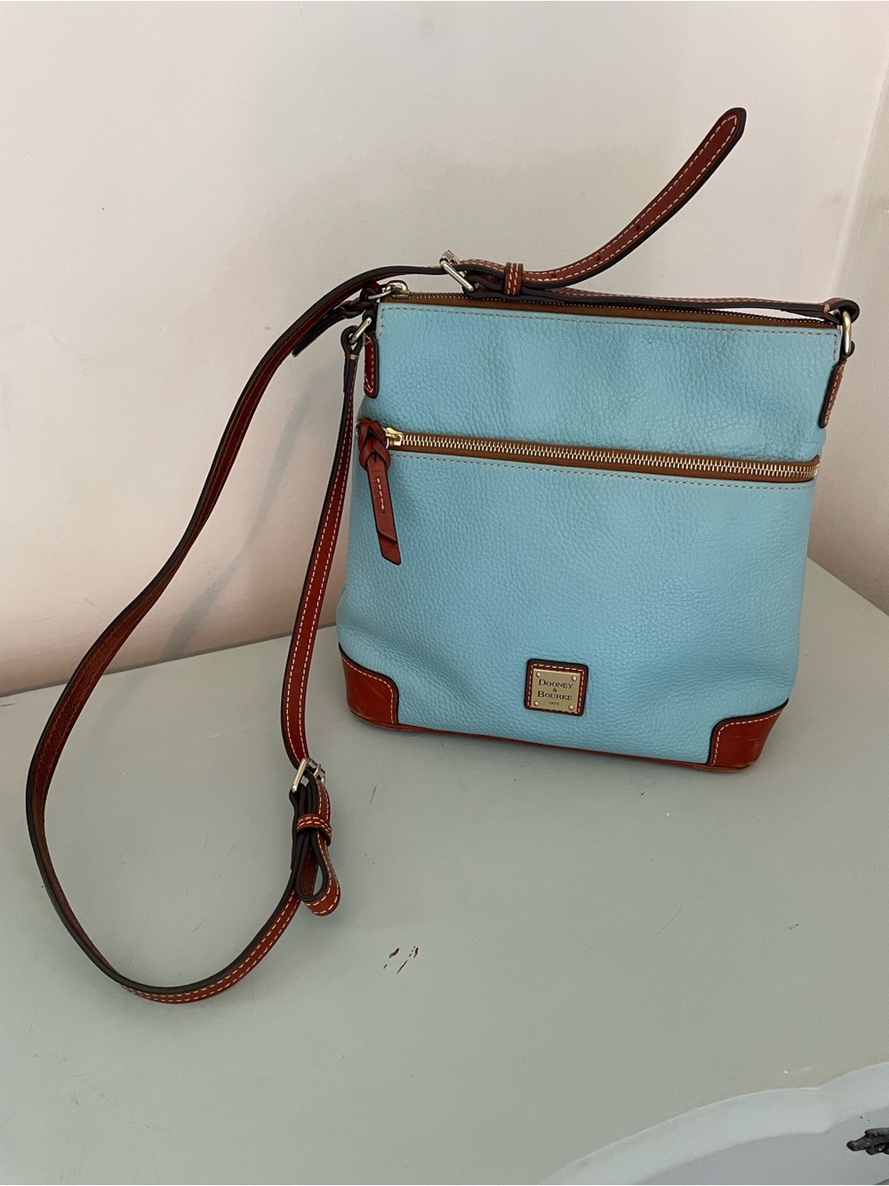 Dooney & Bourke Light Blue Pebble Leather Crossbody with Brown Trim